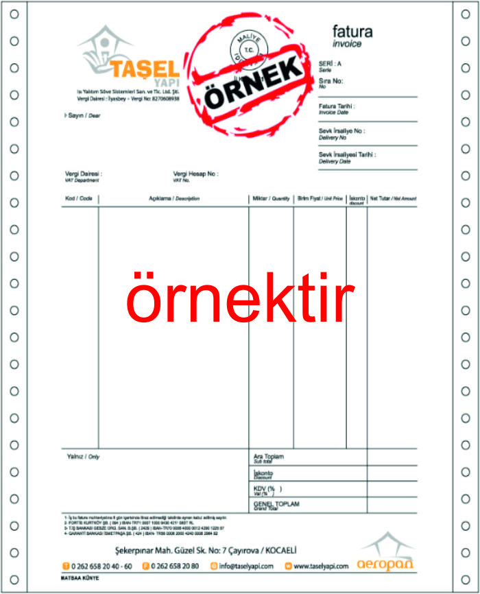 FATURA BASIM ÇALIŞMA ŞEKLİ 1. Hazır fatura örneklerimizden seçiyorsunuz veya hazır fatura çalışmanız varsa, mail veya msn ile bize gönderiyorsunuz. 2. İşinizi baskıya uygun şekilde hazırlayıp, onay için mail olarak geri dönüyoruz. 3. Onayladığınız işin ödemesini banka hesabına havale olarak gönderiyorsunuz.  4. Çalışmanın özelligine göre 2 ile 4 iş günü içinde işlerinizi hazırlıyoruz. 5. İşinizi kargo ile (karşı ödemeli olarak) verdiğiniz adresinize gönderiyoruz veya matbaamızdan kendiniz alabilirsiniz.  FATURA BASIMINDA SİZİN SORUMLULUĞUNUZ: * Bilgilerinizi tarafımıza yanlış gönderebilir ya da bizim yazım hatalarımız olabilir. * İşinizi bastırmadan önce en son sizin onayınıza sunuyoruz.  * Onay vermeden önce bütün bilgileri kontrol etmeniz gerekir.  * Sizin onayınızdan sonra baskıya gönderilen çalışmada içerik ile ilgili hiçbir sorumluluk kabul edilemez.  * İşinizi yeniden bastırmak için için tam ücretini yeniden ödemeniz gerekir. * Bilgisayar monitörlerinin renk RGB dir, %15 lik renk farklılıkları oluşabilir. * Gönderilen çalışmalarda baskıya uygun biçimde CMYK formatında hazırlanması ve uygun formatta gönderilmesi gerekir.